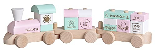Kekskrone Holzzug Personalisiert mit Namen & Geburtsdaten - Ocean Serie, Rosa - Spielzug als Geschenk zur Geburt & Taufe