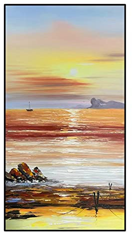 Ölbilder Auf Leinwand Handgemalt, Braun Textur Meer Boot Sonnenuntergang Landschaft Abstrakte Kunst Moderne Kunstwerke Gemälde Handgemalte Ölgemälde Auf Leinwand Wandkunst Für Wohnzimmer Schla