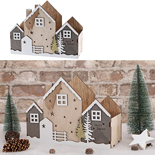 Cepewa Holzkiste Weihnachten Xmas | Dekokiste Sperrholz 28x21x12,5cm | Weihnachtskiste Häuserfront Weinachtsdeko