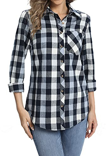 fuinloth Blusas y Camisas para Mujer Camisa Cuadros Abrigo Franela Manga Larga Botones Blusa con Cuello en V BLU M 38-40