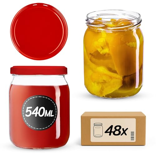 KADAX Barattoli per marmellata da 540 ml, con tappo a vite, barattoli con tappo a vite, barattoli per conserve, barattoli per conservare i cetrioli (48 pezzi, rosso)