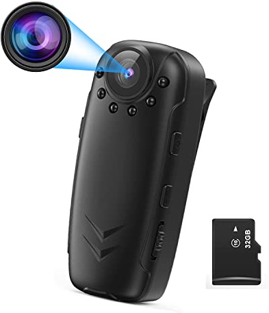 QZT Bodycam Polizia,Mini Telecamera HD 1080P Videocamere di Sorveglianza da 32 GB, Visione Notturna con Rilevamento del Movimento, Adatta per Registrazione per Bici da Esterno per Interni