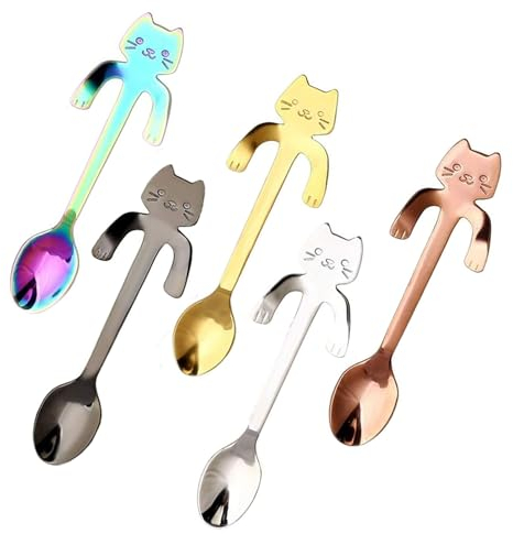 5 Stück Katze Kaffee Löffel, Kätzchen Kaffeelöffel Set, Edelstahl Hängendes Design Teelöffel für Geschenke Katzenliebhaber, Dessertlöffel Mini Kätze Rührlöffel für Tee Milch Dessert Kaffee (5 Farben)