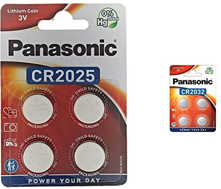 ‎Corp. Panasonic CR2025 Batería de Litio de botón 3 V Pack de 4 & Panasonic CR2032 Pila botón de Litio 3V, 225mAh, Blister de 4