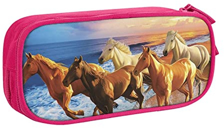 FLYIFE Große Federtasche mit 2 Fächern, Motiv Pferde am Strand, rose, Einheitsgröße, Schulranzen