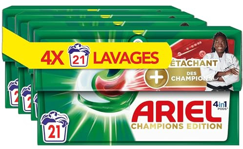 Ariel 4in1 PODS Lessive Liquide En Capsules 84 Lavages (4x21 Tablettes), Édition Champion,Technologie Ultra Détachant, Élimine Les Taches Incrustées À Basse Température, Fabriqué En France