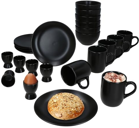 MamboCat Panther 24tlg Frühstücksset matt schwarz I Je 6X kleine Teller, Schale 450ml, Kaffeebecher 340ml & Eierbecher für 6 Personen I Steingut-Geschirr für Frühstücks- & Kaffeezeit
