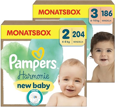 Pampers Harmonie Windeln MONATSBOX Set, mit Größe 2 (4-8kg, 204 Stück) + Größe 3 (6-10kg, 186 Stück), Baby Erstausstattung