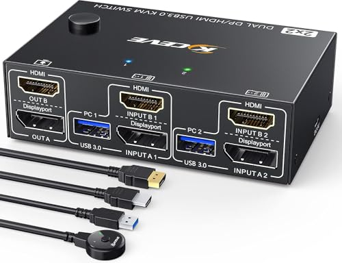 Switch KVM USB 3.0 per doppio monitor 4K a 60 Hz, 2K a 120 Hz, 2 PC 2 monitor Switch KVM HDMI+Displayport per 2 computer che condividono 2 display e 4 dispositivi USB 3.0. Telecomando cablato