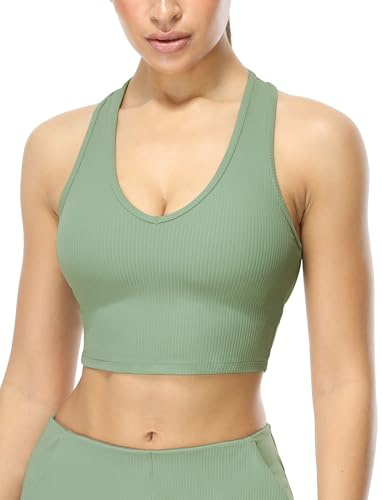 icyzone Dam V-ringad långärmad sport-BH racerback ribbad fitness yoga crop tanktopp med inbyggd bh, blekgrön, S