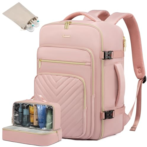 LOVEVOOK Reiserucksack Damen, 40L Groß Handgepäck Rucksack Flugzeug, Wasserdicht Laptop Rucksack Damen 17 Zoll mit Kulturbeutel, Handgepäck Tasche Weekender Damen für Reise Business Urlaub, Rosa