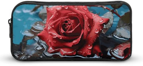 BTCOWZRV Großes Federmäppchen, rote Rose im Wasser, ästhetisches Stifteetui für Damen und Herren, tragbare Kosmetiktasche, multifunktionale Münztasche für Büro, Urlaub, Stil, 22 x 12 x 5 cm,
