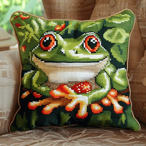 RKFLGEW DIY knüpfen set erwachsene Cartoon-Frosch knüpfkissen Süße Tiere DIY Haken-Knüpfset，Kissenbezug，Teppich，bedrucktes Kissen，Häkelgarn，Stickerei，Dekoration，Anfänger-Knüpfset 43x43cm