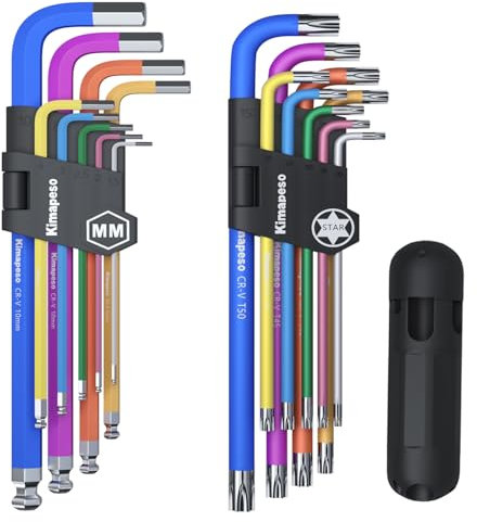 Kimapeso Juego de llaves Allen de 18 piezas, juego de llaves hexagonales de brazo extralargo y llave Torx con marca de tamaño de color de 1,5 mm-10 mm, T10-T50