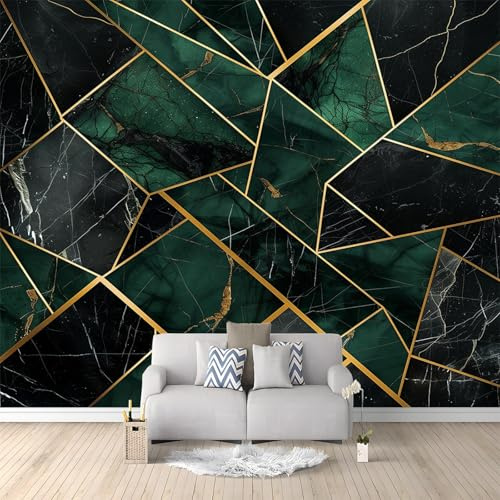 Papier Peint intissé Marbre Géométrique Vert 350x256 cm Papier Peint Photo Panoramique, Poster Geant Mural Personnalisé 3D, pour Salon Cuisines Chambre Adulte Enfant Décor Murale