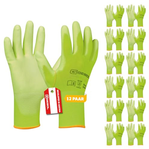 Gebol Nano Flex Arbeitshandschuhe, 12 Paar, Gr. 8/M, Neongelb, PU-Grip | Für Werkstatt, Bau & Industrie, sicherer Halt bei jedem Griff, feines Tastgefühl, angenehme Passform, elastischer Bund