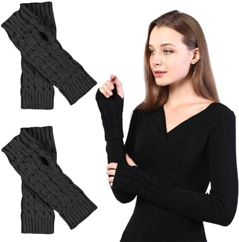 CZlinOduMMX 2 Paar Fingerlose Handschuhe für Damen, Gestrickte Armstulpen Damen, Weiche Warm Handschuhe für Winter, Winter Stretch Strickhandschuhe, Ohne Finger Arm Sleeve für Mädchen (Schwarz)