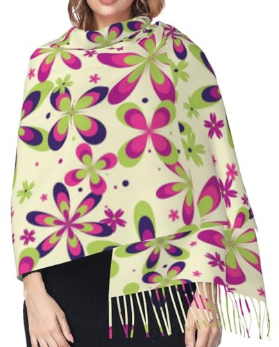 Hceaatb Damenschal, bunte Blumen, klein, Blumenmuster, modisch, Winter, warm, Kaschmirschal, Fransenschal, Schwarz , Einheitsgröße