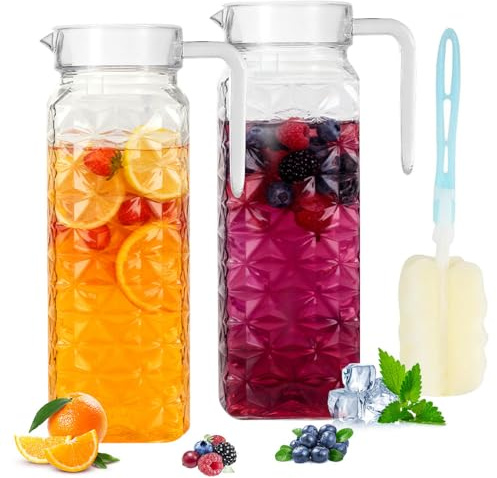 2 Pack 1.1L Plastic Pitcher with Lid and Handle, Acrylic Water Juice Jug, Transparent Fridge Water Jugs, Unbreakable, Easy to Clean Milk Jug for Iced Tea, Lemonade, Cold or Hot (2PCS 1.1l)