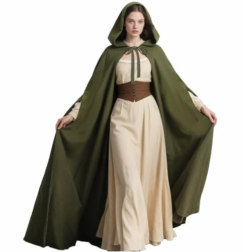 Keland Capa renacentista con capucha para mujer, capa medieval con capucha y agujeros para las mangas para Halloween (verde ejército)