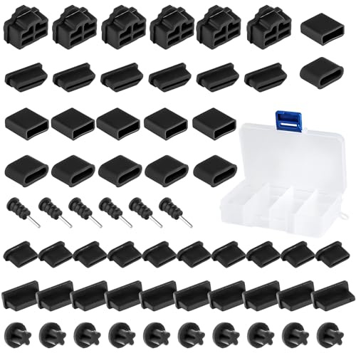 HOCUCHELAND 60 stycken USB-skyddskåpa, 8 typer silikon USB C dammskydd med låda, svart USB C skyddskåpa USB-portskydd, dammskydd för USB, USB Tpy-C, RJ45, HDMI, hörlursuttag