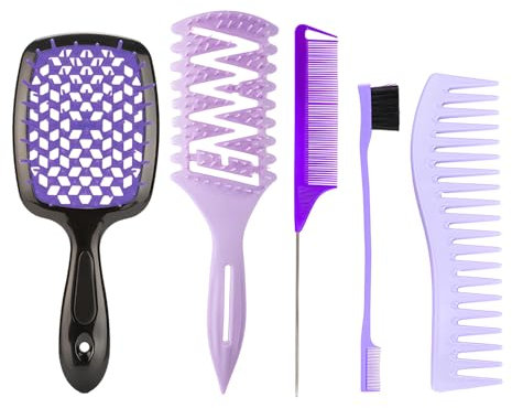 Hair Brush Set – 5 Pack Detangling Brushes & Combs for Women – Anti-Static Paddle, Round & Vent Brush, Wide Tooth Comb & Tail Comb for Curly, Wet & Dry Hair – Salon & Home Styling Kit