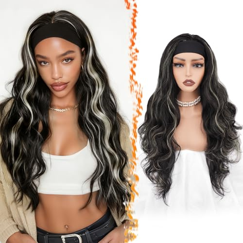 BARSDAR Ondulato Parrucca con Fascia, 66cm Lungo Hair Body Ondulati Sintetici Headband Wig per le Donne Naturale Capelli Parrucche Wear and Go Senza colla Parrucche - Nero con Biondo Highlight