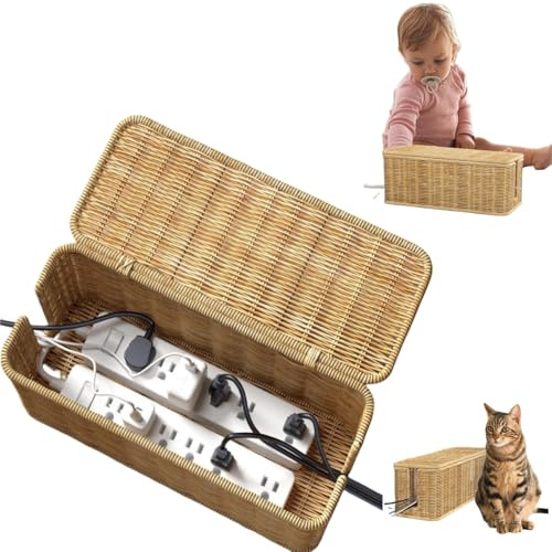 Handmade Cable Management Box Imitation Rattan Cable Organizer Box With Lid 2 Open Slots Under Desk Cord Organizer to Hide Power Strips & Cords and Cover Floor TV Wires Computer Usb Hub