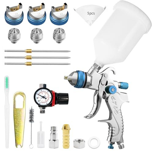HVLP Professionnel Pistolet à Peinture avec 3 Buses 1,4/1,7/2,0mm Coupelle 600cc Alimentation par Gravité kit de pulvérisation, HVLP Meubles de Voiture Pistolet de réparation (Bleu)