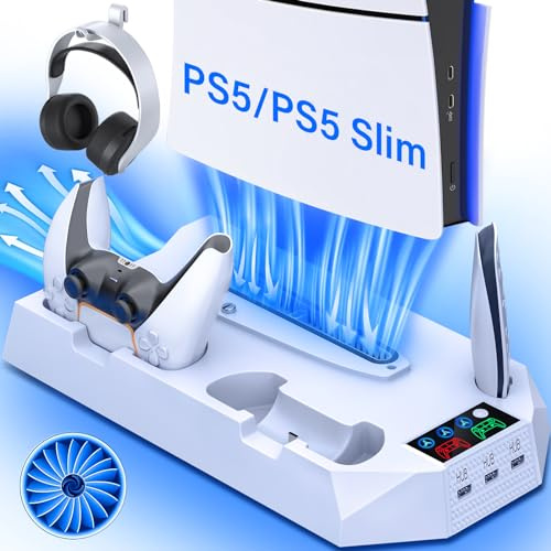 ZRZLMVP Cooling Stand and Controller Charging Station for PS5/Slim/Pro | Cooling Station and Controller Charger Accessories for PlayStation 5 Incl. Cooler Turbo Fan, Headset Holder,3 USB Hub,White