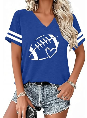 Football Shirts for Women Game Day T Shirt Funny Football Mom V Neck Tshirt Casual Short Sleeve Tops Blue