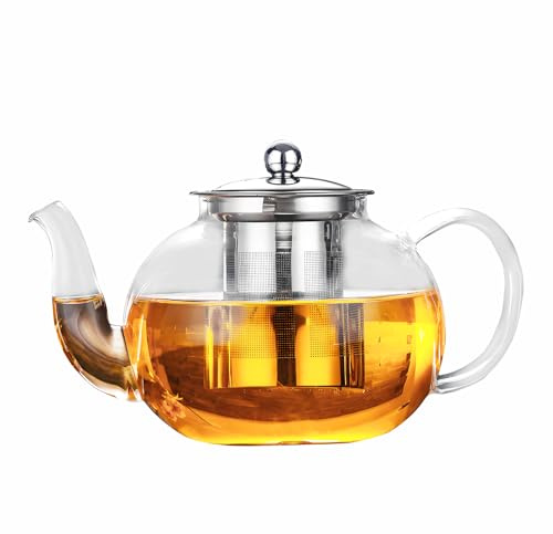 Clear Glass Teapot with Removable Infuser, 1200ML | Clear Tea Kettle Stovetop Safe,Round Shape Infuser Tea Pot, Heat-Resistant Borosilicate Glass Tea Pot,Teapot for 2-4 People
