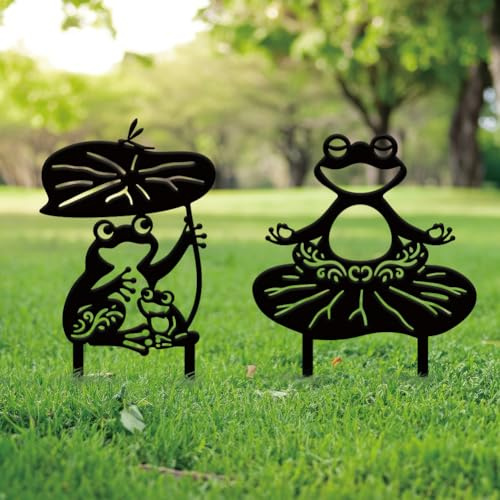 SUPERDANT 2 Stück Lotusblatt Frosch Gartendekoration Tier Metallschild Ornament Schwarze Silhouette Outdoor Dekoration Frösche Metall Hof Rasen Terrasse Hof Dekorative Kunst Geschenke