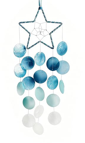 UZYXC Windspiel Muscheln Windspiele für draußen hängend, handgefertigt, bemalt, Strandküste Ozean Dekor, Heim- und Gartendekoration, Gedenk- und Mitgefühl Geschenk in Blau und Weiß