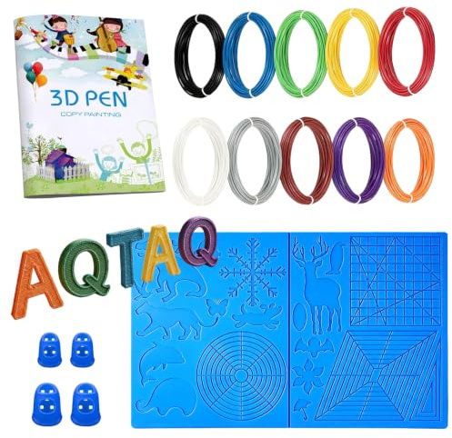 AQTAQ 3D stift Vorlage | 3D-Druckstift PLA-Seide | Silikonpad-Vorlage | 3D-Stiftmatte | Fingerschutz, 10 Farben, 1,75 mm, insgesamt 50 m, großes Silikonpad, 3D-Zeichenvorlagen, für 3D-Druckstift-Blau