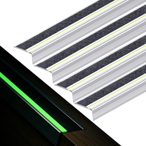 Zonon 4 Pack 36 in Aluminum L Shaped Stair Nosing with Green Glow Strip Aluminum Stair Nosing Protector Non Slip Treads Staircase Edging Staircase Trim for Indoor Outdoor Staircases