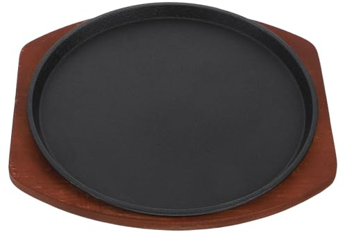 FELTECHELECTR Plancha de Hierro Fundido para Barbacoa con Base de Madera Sartén Redonda para Carne y Steak Resistente y Fácil de Limpiar para Uso Familiar y Profesional