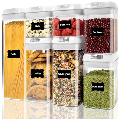 ByteStar Airtight Food Storage Containers with Lids, 7 PCS BPA Free Kitchen Canisters for Pasta, Dry Food, Flour and Sugar, Plastic Canisters for Pantry Organization and Storage
