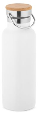 CABBEL Edelstahl Trinkflasche, 570 ml, 36% Recyceltes Material, Doppelwandig Vakuumisoliert, Thermoskanne mit Bambusdeckel, Weiß, für Heiße & Kalte Getränke, 7x22 cm