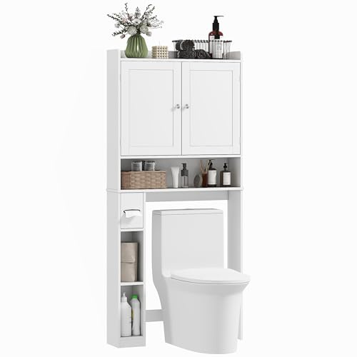 HOMCOM Meuble WC Dessus de Toilette ou Machine à Laver, Armoire au-Dessus des Toilettes avec 2 Portes, 3 Compartiments Ouverts, étagère réglable, Porte-Papier Toilette, 80 x 19,5 x 170 cm, Blanc