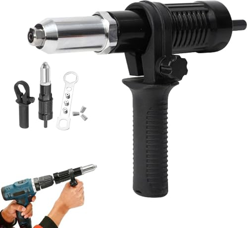Professional Electric Rivet Gun Adapter Kit, with Removable Plastic Handle & 4 Rivets Heads, Cordless Electric Drill Riveter Insert Nut Tool, Cordless Rivet Gun Power Drill Adaptor Kit