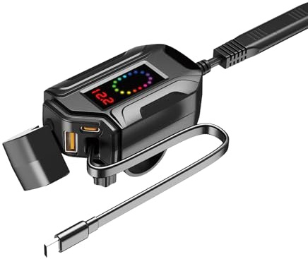 Kriogor Cargador USB para Moto Impermeable, 3 en 1 Cargador USB Moto con Cable de Carga rápida Tipo C retráctil de 70 CM de Largo, Interruptor y Voltímetro LED para SUV Marino Barcos