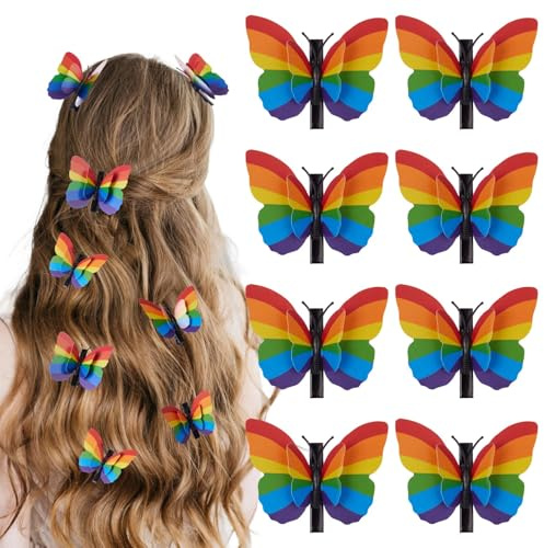 8 Stück Regenbogen Schmetterlings Haarspangen, Regenbogen Schmetterlingsklammern, Schmetterlinge Haarschmuck, Pride Accessoires, Accessoires Zum Thema Pride
