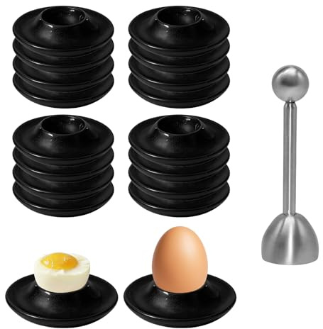 JININOSEU 12 Stück Eierbecher Schwarz Set, Bruchsichere Eierbecher Stapelbar mit Eieröffner für Küchenartikel, Kinder- und Campinggeschirr-Geschenke