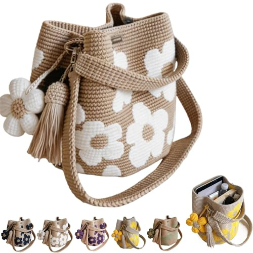 Générique Sac fourre-tout à fleurs au Crochet fait à la main, sacs au Crochet faits à la main avec un joli charme de fleur et de pompon, grande capacité, mode(Blanc)