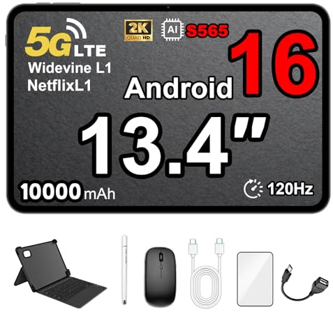 Tablette 13,4 Android 16 avec emplacement pour carte SIM 4G/5G LTE Calling, écran 120 Hz, 32 Go + 256 Go, 10 000 mAh, S565 2,9 GHz, double caméra, lot avec étui de protection, clavier, souris et