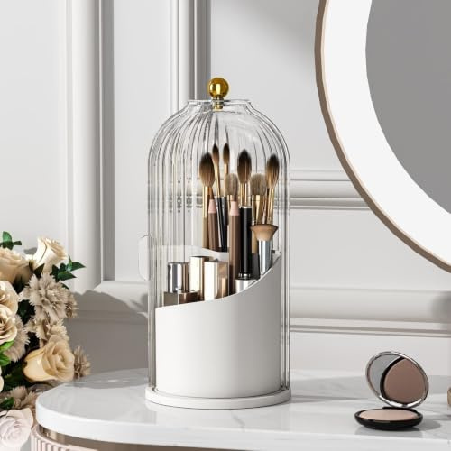 Support pour pinceaux de maquillage rotatif à 360 °, transparent, anti-poussière, pour salle de bain, plan de travail, blanc et beige (transparent)