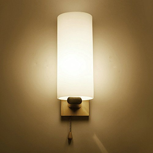 HEYUN& Wooden Glass LED Wall Lights with Pull Cord Switch Up and Down for Indoor Home Bedrooms Living Room Bedside Deco Wall Lamps