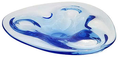 Oberstdorfer Glashütte Grosse Schale blaue Glasschale moderne Tisch Schale Kristallschale mundgeblasen Durchmesser 28 cm Höhe 7 cm