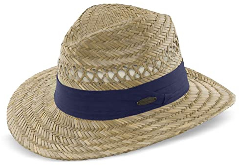 Panama Jack Mens Safari Sun Hat - Handwoven Straw, Lightweight, 3 Brim, Inner Elastic Sweatband Navy